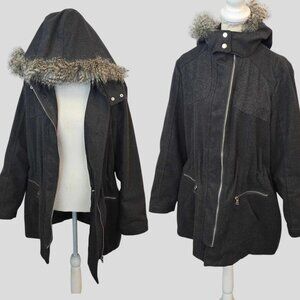 NEW LOOK Women's Charcoal Gray  Faux Fur Hoded Wool Coat Jacket  1X